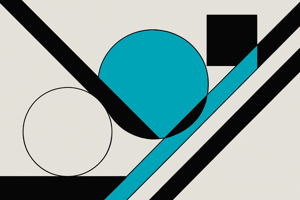 Abstract geometric illustration featuring black lines and shapes intersecting with a single turquoise circle on a neutral background.